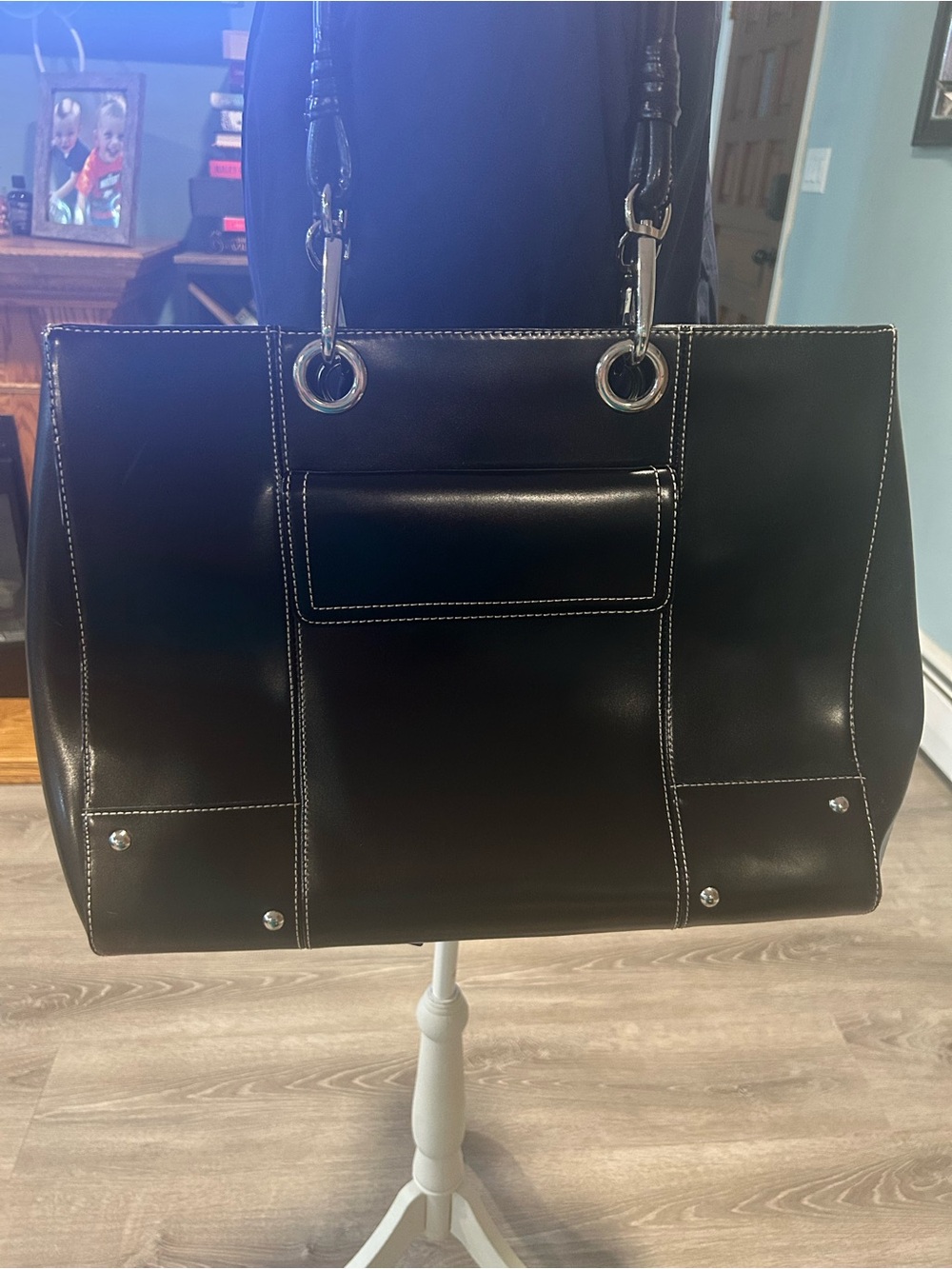 Wilsons Leather Black Tote with White Stitching and Orange Logo Accent - Picture 2 of 7